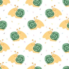 Seamless vector pattern with cute hand drawn snail and confetti. Kawaii animal background for kids room decor, nursery art, card, gift, fabric, textile, wrapping paper, wallpaper, packaging.