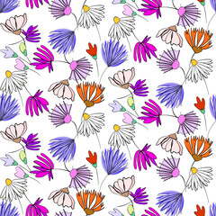 Vector seamless half-drop pattern, with  flowers