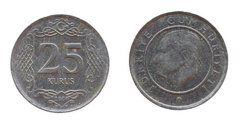Turkey - circa 2009: a 25 Kurus coin of Turkey showing a portrait of Turkey's founder Mustafa Kemal...