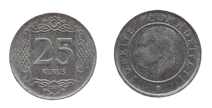 Turkey - circa 2009: a 25 Kurus coin of Turkey showing a portrait of Turkey's founder Mustafa Kemal Ataturk