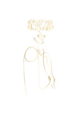 Abstract face with flowers by gold one line vector drawing. Portrait minimalistic style. Botanical print. One Line Body Art, Breast Line Drawing, Naked Woman Print, Modern continuous line art.