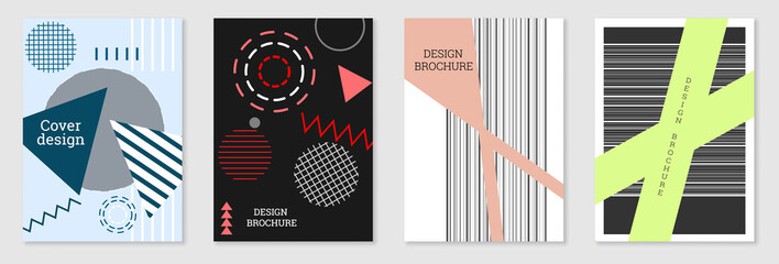 Set of cover design in Memphis style. Geometric design, abstract background. Fashionable bright cover, banner, poster, booklet. Creative colors.