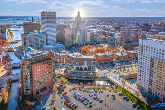 Fototapeta Aerial Providence Rhode Island during sunset