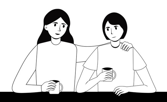 Mom Drinks Coffee With Her Teenage Child. An Adult Woman And Her Son Or Daughter Are Talking Over A Cup Of Tea. Flat Vector, Black And White Illustration