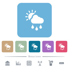 Sunny and rainy weather flat icons on color rounded square backgrounds