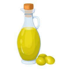 Glass jug with olive oil and olives. The concept of organic vegan products. Stock vector illustration isolated on white background.