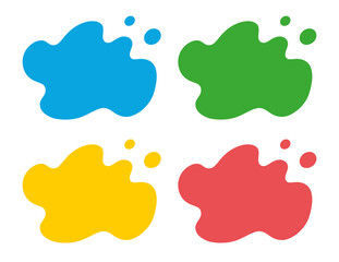 Fototapeta na wymiar Blue, green, yellow and red color paint splash blot swatches or samples palette, abstract amoeba liquid shape badges flat vector.