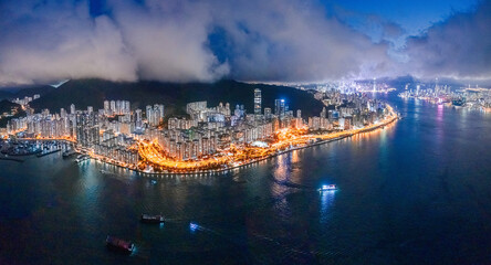 Naklejka premium Epic Aerial view of Victoria Harbour, focus on the East side of Hong Kong Island