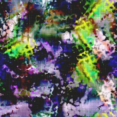 Messy summer tie dye batik beach wear pattern. Seamless colorful stain space dyed effect fashion. Washed out soft furnishing background. 