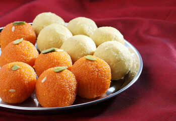 Diwali Sweets besan and motichur Laddu Indian traditional sweet served in a  plate