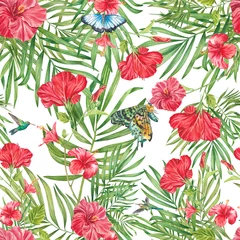 Outdoor kussens Tropical seamless pattern with hibiscus, leaves, butterflies and hummingbirds. Watercolor summer print. Exotic floral illustration is suitable for clothing, textiles, invitations, wallpaper, curtains © Nastya Che