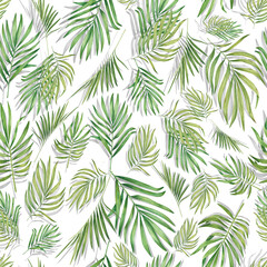Tropical seamless pattern with palm leaves. Watercolor summer print with green plants. Exotic floral illustration is suitable for clothing, textiles, invitations, wallpaper, curtains, bed linen
