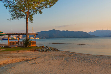 MARMARIS, TURKEY: Landscape with a view of the sea and mountains in the Turkish city of Marmaris at sunset.