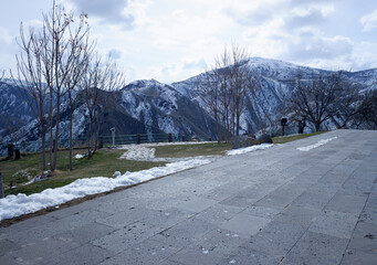 view of the snowy mountains and bare trees from the observation deck