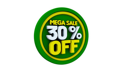 3d illustration with text: 30% off mega sale. Discout for big sales. Green background