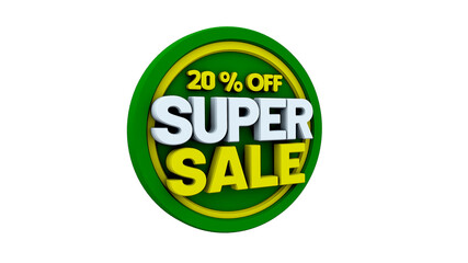 3d illustration with text: 20% off super sale. Discout for big sales. Green background