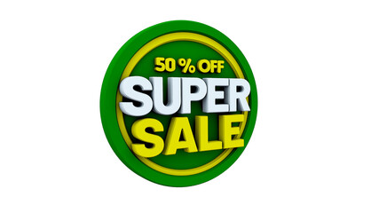 3d illustration with text: 50% off super sale. Discout for big sales. Green background