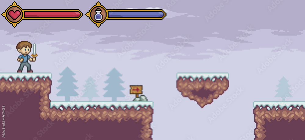 Poster pixel art game scene with character, life bar and mana vector background for 8bit game