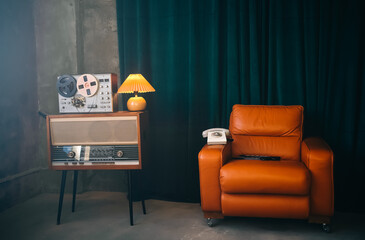 Vintage room with Wiretapping on the reel tape recorder. Retro old school spying on conversations. Intelligence gathering. Espionage concept.