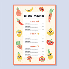 Kids menu. Cute colorful hand drawn vector template. Kids menu design for party, cafe. Healthy vegetables and fruits