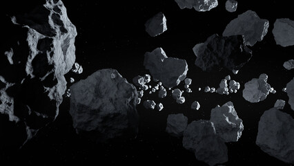 Asteroids field in deep space with linear flying through, close view. 3D Rendering