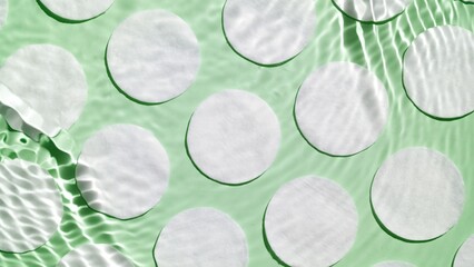 Water ripples over cotton pads arranged in rows on green background | skin care background, micellar water commercial