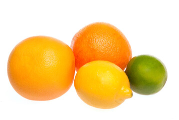 citrus fruits, orange, grapefruit, lemon and lime on a white background.