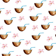 Coconut with blue tubule watercolor seamless pattern. Template for decorating designs and illustrations.	
