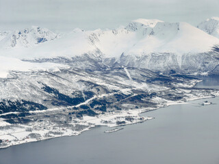 Aerial view of white snow covered city Tromso Norway winter, Snowscape wallpaper