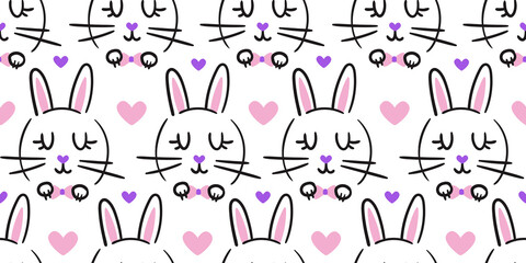 Obraz premium Cute Seamless Pattern with Bunnies with Bow Tie and Pink Hearts isolated on white background. Hand Drawn Line Cartoon Doodle Rabbit, Hare. Vector print, wrapping paper, textile.