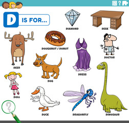 letter d words educational set with cartoon characters - obrazy, fototapety, plakaty