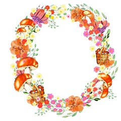 Wreath with mushrooms, flowers, leaves. Watercolour vector illustration, clipart