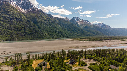 Summer aerial photo of the Knik River, in Palmer, Alaska.