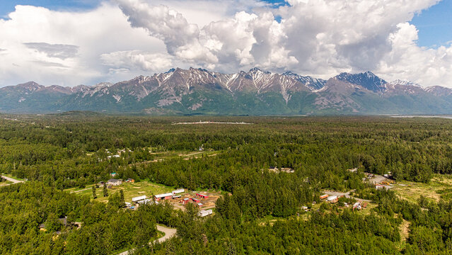 Aerial photo of The Butte area, just outside of Palmer, Alaska.  Summer.