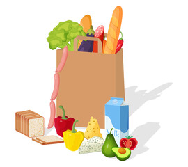 A paper bag with food.Vector illustration of a paper bag for a supermarket with food from a supermarket.
