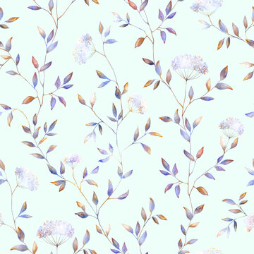 Vintage faded floral seamless pattern on pastel blue green background. Pastel color flowers, leaves botanical repeat print. Retro elegant design.