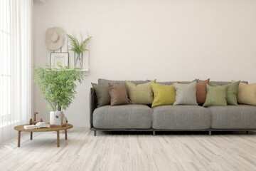 Fototapeta premium White living room with sofa. Scandinavian interior design. 3D illustration