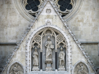 Gable triangle with a statue of Christ the teacher above the main entrance to the Zagreb Cathedral in Croatia