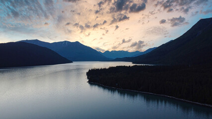 Aerial stills of sunset at Kenai Lake, Alaska.