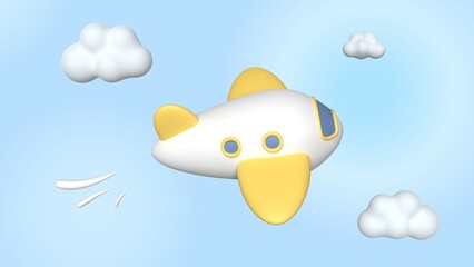 Cute cartoon airplane in the sky. 3D illustration.