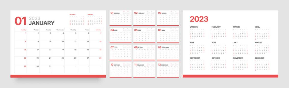 Monthly calendar template for 2023 year. Wall calendar in a minimalist style. Week Starts on Sunday.