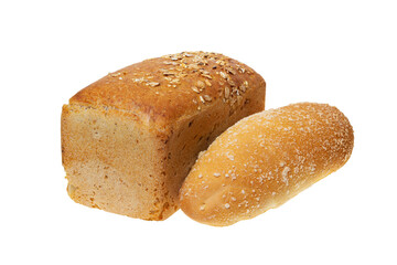 Bread loaf square shape and bun isolated on a white background, full focus, clipping path, no shadows.
