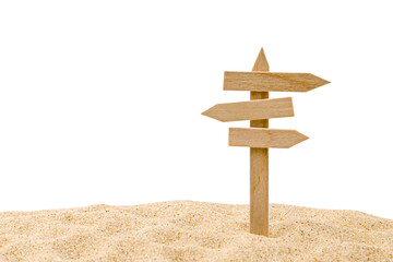 empty wooden signboard in the sand isolated on a white background. Way concept