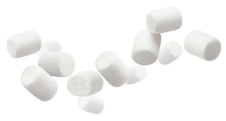 Flying white marshmallows, isolated on white background