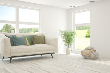 White living room with sofa and summer landscape in window. Scandinavian interior design. 3D illustration