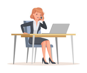 Young Office Woman Sitting at Desk with Laptop Speaking by Phone Engaged in Workflow Vector Illustration