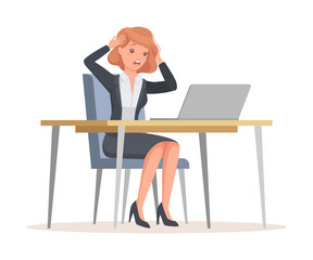 Fototapeta na wymiar Young Office Woman Sitting at Desk with Laptop Holding Head with Hands Feeling Stress Because of Deadline Vector Illustration