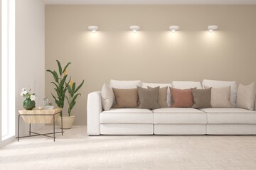 White living room with sofa. Scandinavian interior design. 3D illustration