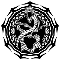 Abstract vector illustration black and whide snake with open mouth on round ornament. Design for tattoo or print t shirt.