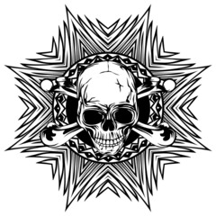 Abstract vector illustration black and white human skull with crossed bones on round ornament. Design for tattoo or print t shirt.